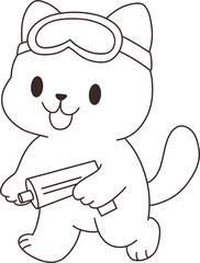 A dog wearing goggles and playing with a water gun