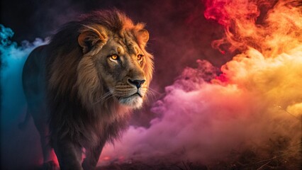 Naklejka premium Majestic Lion in Vibrant Colored Smoke with Dramatic Lighting and Intense Gaze
