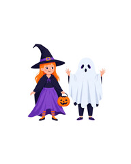 flat ilustration Children wear costumes hellowen like witch, and ghost