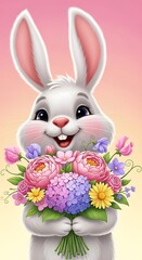 Adorable white bunny rabbit holding a cheerful spring bouquet of pink peonies, hydrangeas, and wildflowers; pastel color palette.