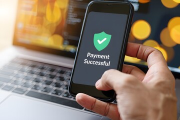 Person holding smartphone with successful payment confirmation on screen over laptop
