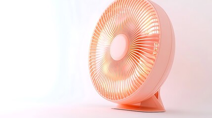 A close up of a peach colored fan on a white background in studio lighting