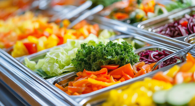 Uma vis&atilde;o de perto de saladas mistas, vegetais e guarni&ccedil;&otilde;es em um balc&atilde;o de buf&ecirc;, enfatizando uma mistura de op&ccedil;&otilde;es frescas, coloridas e apetitosas dispon&iacute;veis para autoatendimento.