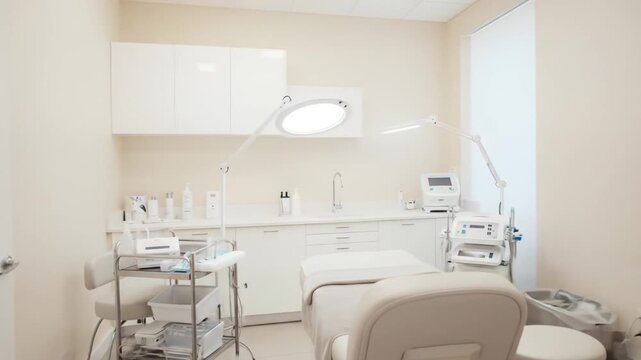 Soft view of an aesthetic clinic room with neutral tones, a calm and professional environment.