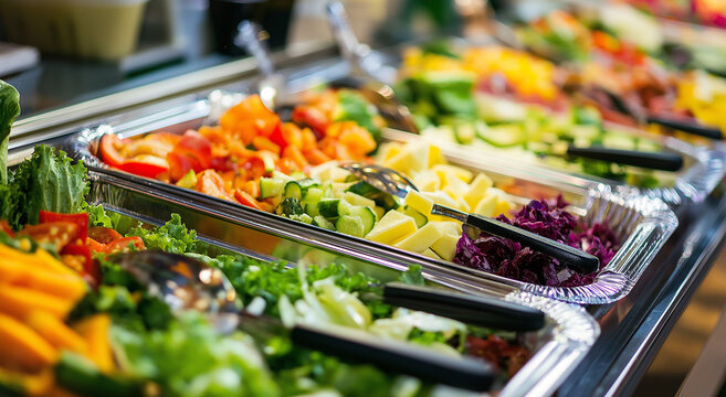 Uma vis&atilde;o de perto de saladas mistas, vegetais e guarni&ccedil;&otilde;es em um balc&atilde;o de buf&ecirc;, enfatizando uma mistura de op&ccedil;&otilde;es frescas, coloridas e apetitosas dispon&iacute;veis para autoatendimento.