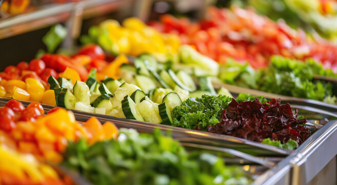 Uma vis&atilde;o de perto de saladas mistas, vegetais e guarni&ccedil;&otilde;es em um balc&atilde;o de buf&ecirc;, enfatizando uma mistura de op&ccedil;&otilde;es frescas, coloridas e apetitosas dispon&iacute;veis para autoatendimento.