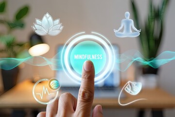 Digital Mindfulness and Mental Wellness Concept Hand Interacting with Virtual 'Mindfulness' Button for Holistic Health and Personal Growth in Modern Technology.