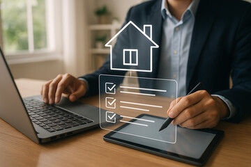 Businessman managing home checklist digitally on tablet and laptop for property verification using smart document system in real estate office environment