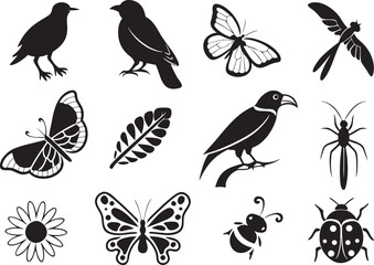 Fototapeta premium Birds and Insects Silhouette Clipart Elegant Nature Vectors