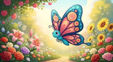 Fototapeta premium Whimsical Cartoon Butterfly in Vibrant Spring Garden, Joyful, Childlike Illustration