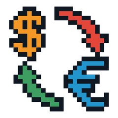 Obraz premium Pixel Art Currency Exchange: Dollar, Euro, Pound Symbols