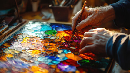 Obraz premium Stained glass artist assembling vibrant pieces, glowing colors with sunlight streaming through, delicate craftsmanship in high-resolution —ar 16:9 