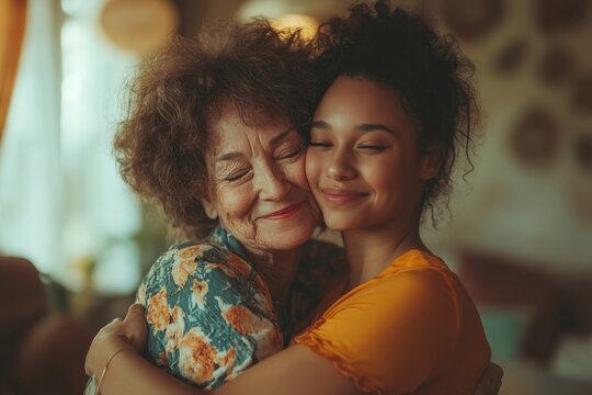 Happy senior mother hugging her adult daughter indoors at home, celebrating Mothers Day or a birthday with emotional bonding and family love, Generative AI