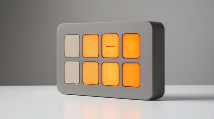 Gray device with eight square buttons, some lit orange, on a white surface