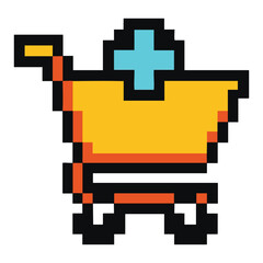 Obraz premium Pixel Art Shopping Cart with Plus Sign: Medical Supplies or Pharmacy Icon