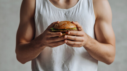 Close-up of person in white tank top holding a burger, healthy lifestyle and food choice concept
