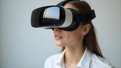 Portrait of a woman in a white shirt wearing a virtual reality headset, experiencing an immersive digital environment
