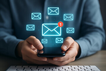 Businessman using smartphone with glowing email icons around screen representing communication digital inbox notifications and electronic mail marketing with new message alert interface