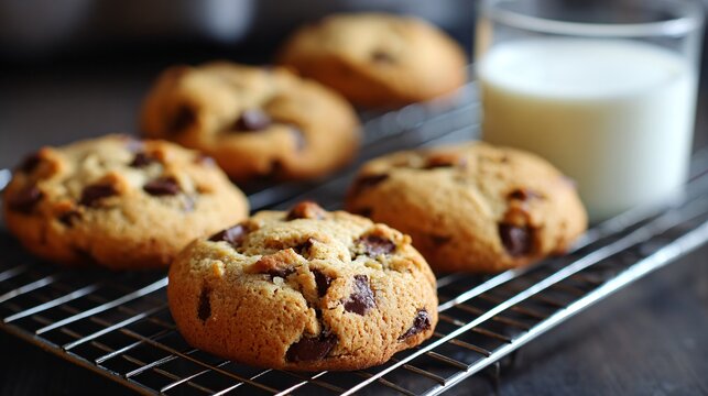 Chocolate chip cookies freshly baked cooling on a wire rack with milk on the side