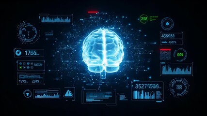 A glowing blue digital brain hologram displays complex data and analytics on a futuristic interface - Powered by Adobe