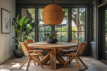 Chairs arranged around a rustic round wood dining table. Japandi interior design for a modern dining room, Generative AI