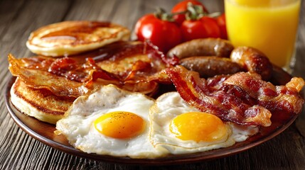 Classic American breakfast platter with eggs bacon sausage pancakes and orange juice 
