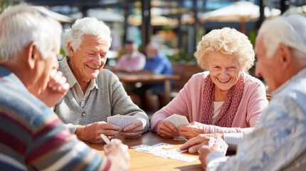 Joyful seniors playing card games outdoors, enjoying companionship in a sunny social setting with laughs and smiles - Powered by Adobe