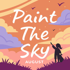 Obraz premium Paint The Sky August Illustration with Child Silhouette and Colorful Clouds