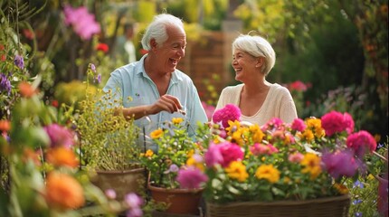 Joyful elderly couple bonding over vibrant flowers in a lush garden community, experiencing moments of bliss together - Powered by Adobe