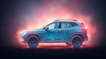 A digital painting of an SUV with ethereal, spiritual vibes, glowing bioluminescent colors, natural light effects, a vibrant glow, light aura, and a mystical feeling, without any logos or branding