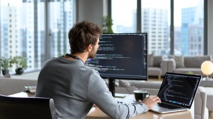 Focused programmer working on coding project in modern office with large windows and a city skyline view in the background - Powered by Adobe