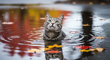Gray cat floating in autumn water