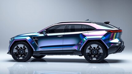 A futuristic sci-fi SUV with iridescent colors, advanced technology, space elements and reflective surfaces, no logos or branding