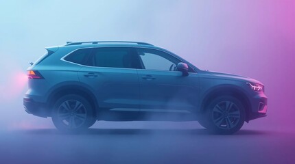 An SUV, free of logos and branding, depicted in a soft, dreamy atmosphere using cool blues, greens, and purples, with hazy soft light