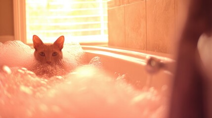 Close-Up of Playful Cat in Bubbly Bathtub, Warm Light Illumination, Aperture Capture, Minimalist Bathroom with Blurred Background.