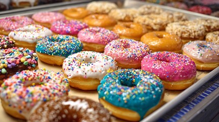 Donuts with colorful glaze and sprinkles arranged on a bakery display tray 