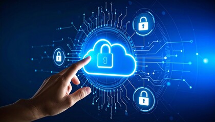Glowing cloud with padlock and circuit-linked locks symbolizing data security