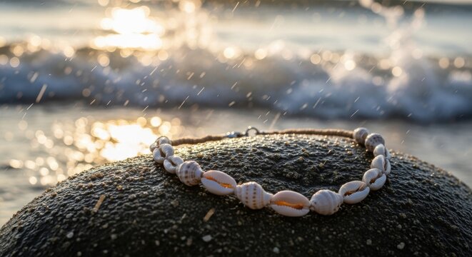 A handmade cowrie shell necklace rests on a wet rock with ocean waves in the background at sunset