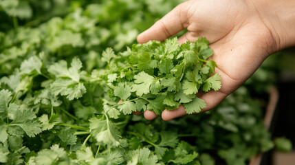 Urban gardener harvesting fresh cilantro from a raised garden bed, high-resolution sustainable city living shot —ar 16:9 