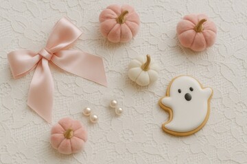 halloween flat lay with ghost cookie, velvet pumpkins and pink satin ribbon on white lace cloth in coquette style, soft shadows and pastel mood, concept of lifestyle branding, editorial visual