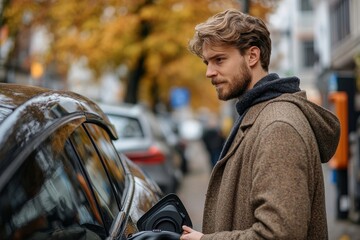 Man charging his electric car at a public charging station before heading to shop, promoting eco-friendly transportation and sustainable living practices, Generative AI