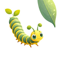 Naklejka premium Adorable cartoon caterpillar with bright green eyes and yellow segmented body, smiling cheerfully with tiny leaves on antennae, next to a large green leaf.