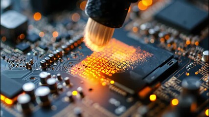 High precision robotic soldering on circuit board with glowing microchip and advanced electronic components.  - Powered by Adobe
