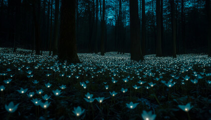 At night, the dense, moonlit forest is covered in bioluminescent white flowers that shine like stars, casting a magical, heavenly light across the forest floor.