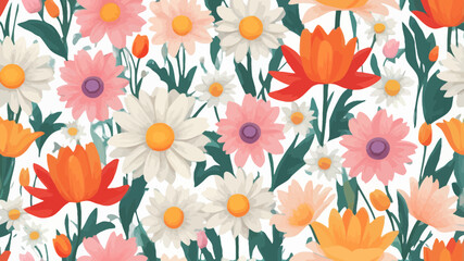 Vibrant floral pattern featuring daisies and bold orange and pink blooms with dark green foliage on a transparent background