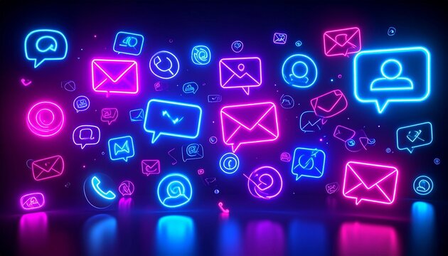 Floating neon social media and digital communication icons on black background