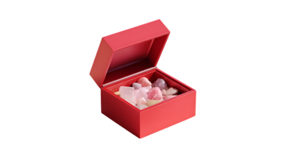 3D rendering of a pink and red paper box with rocks. Mockup template for product presentation, cosmetic mock up.