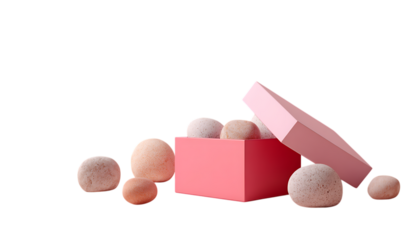 3D rendering of a pink and red paper box with rocks. Mockup template for product presentation, cosmetic mock up.