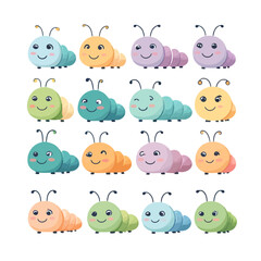 Fototapeta premium Collection of cute, colorful cartoon caterpillars with happy expressions, ideal for children's educational materials and playful designs.