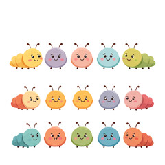 Naklejka premium Charming collection of colorful cartoon caterpillars with happy faces, perfect for children's educational materials and playful designs.